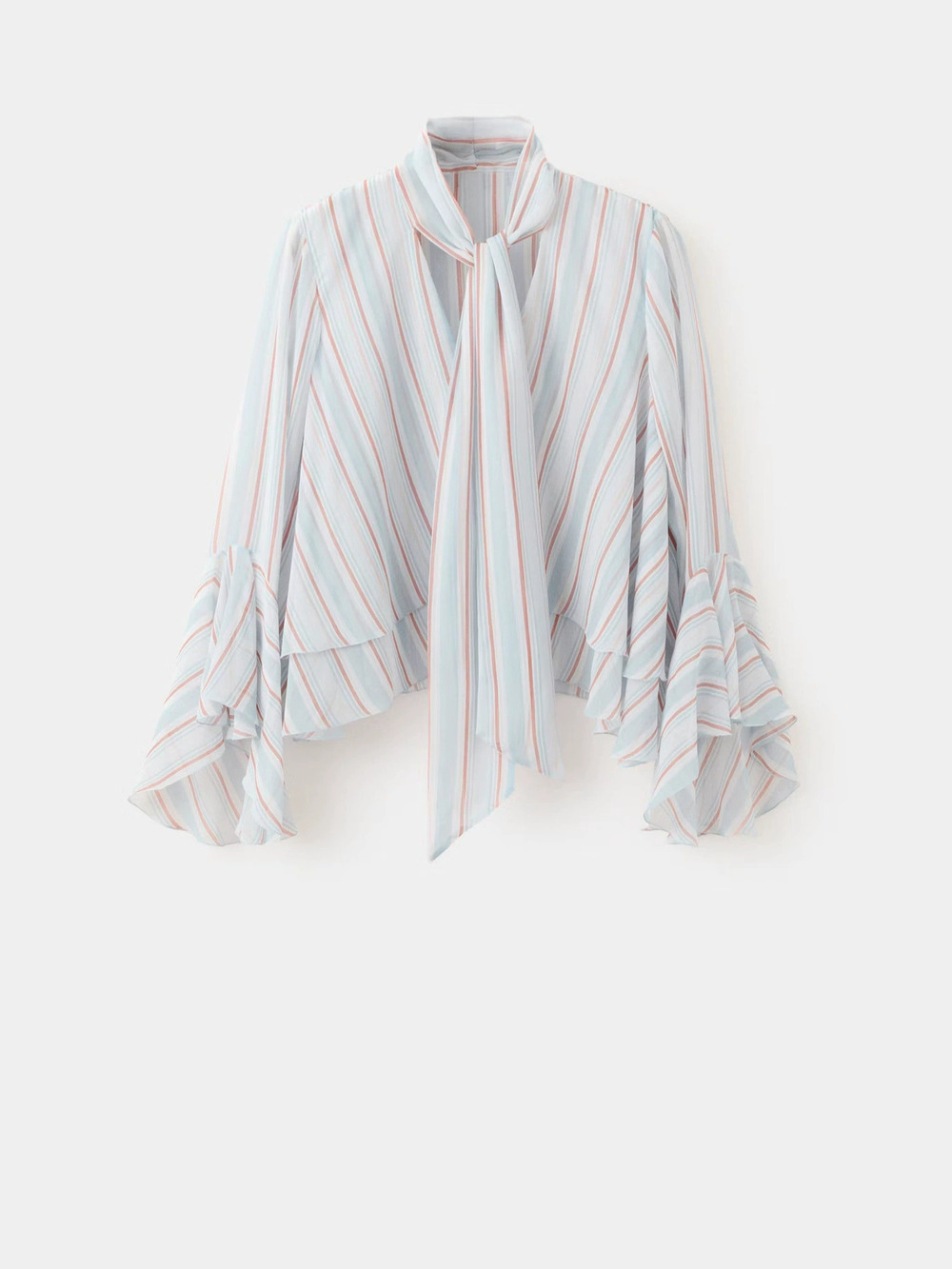 Zara Colorful Striped Chiffon Ribbon Ruffle Collar Flare Sleeve Crop Top - Picture 4 of 5